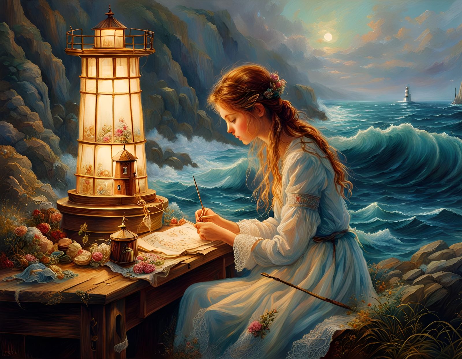 Girl Embroidering Lighthouse Needlepoint in Raging Sea