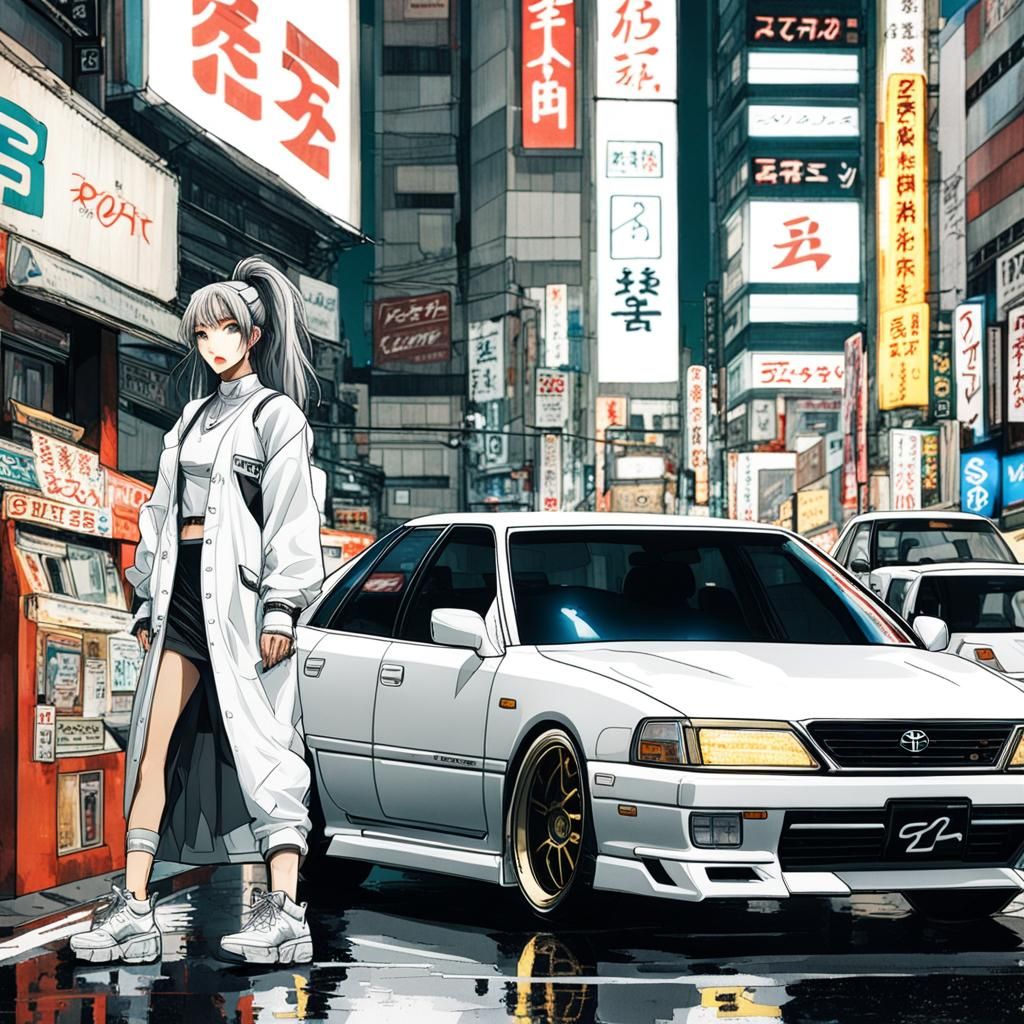 Cyberpunk Girl with 90's Toyota Celsior in Akihabara