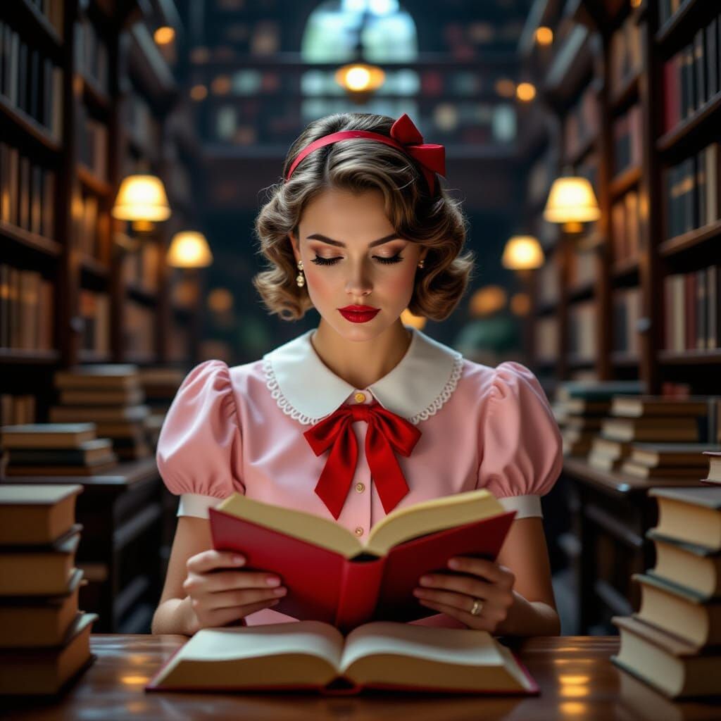 Woman Reading in Enchanted Library Cinematic Film Still
