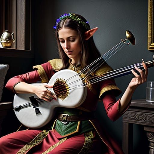 Half Elf Bard Performs in a Vibrant Tavern Scene in a Dreaml...