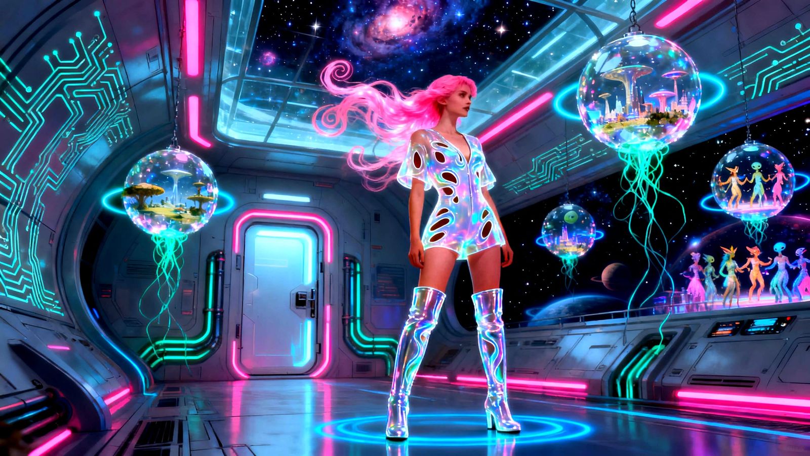 Cyberpunk Space Explorer in Nebula Ship