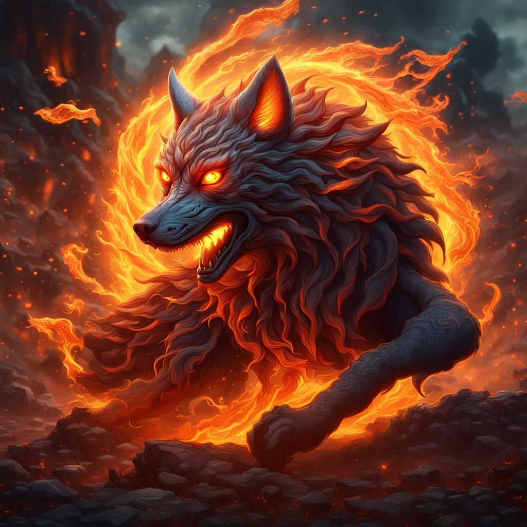 Fiery Nine-Tailed Fox Fantasy Concept Art