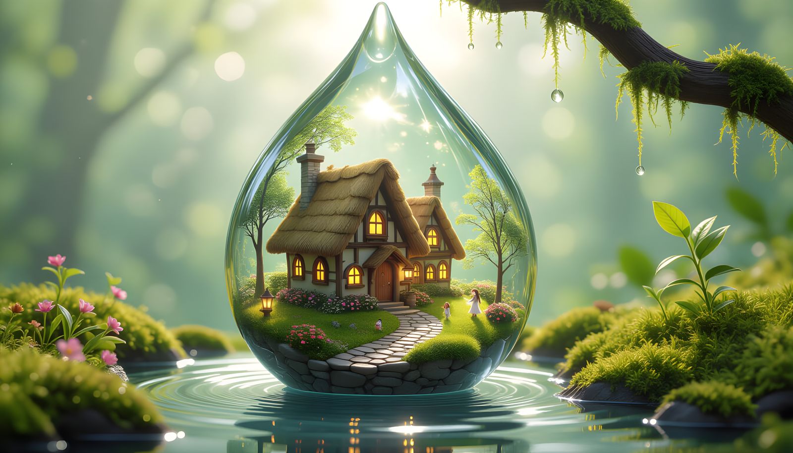 Enchanted Village in Water Droplet, Fantasy Art