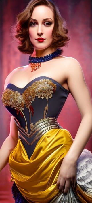 a gorgeous short hair brunette female showgirl photo, victorian style, soft lighting, realistic, smooth face, full body ...