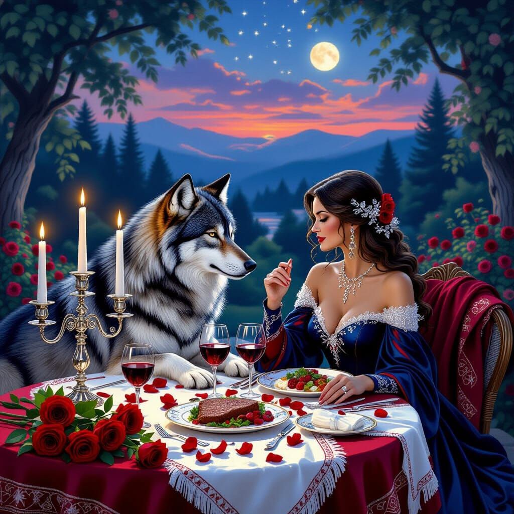 Romantic Twilight Puzzle: Woman and Wolf at Candlelit Dinner