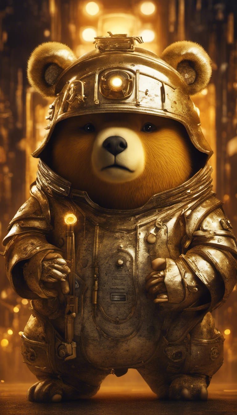 Chibi Golden Samurai Bear in Biopunk Style