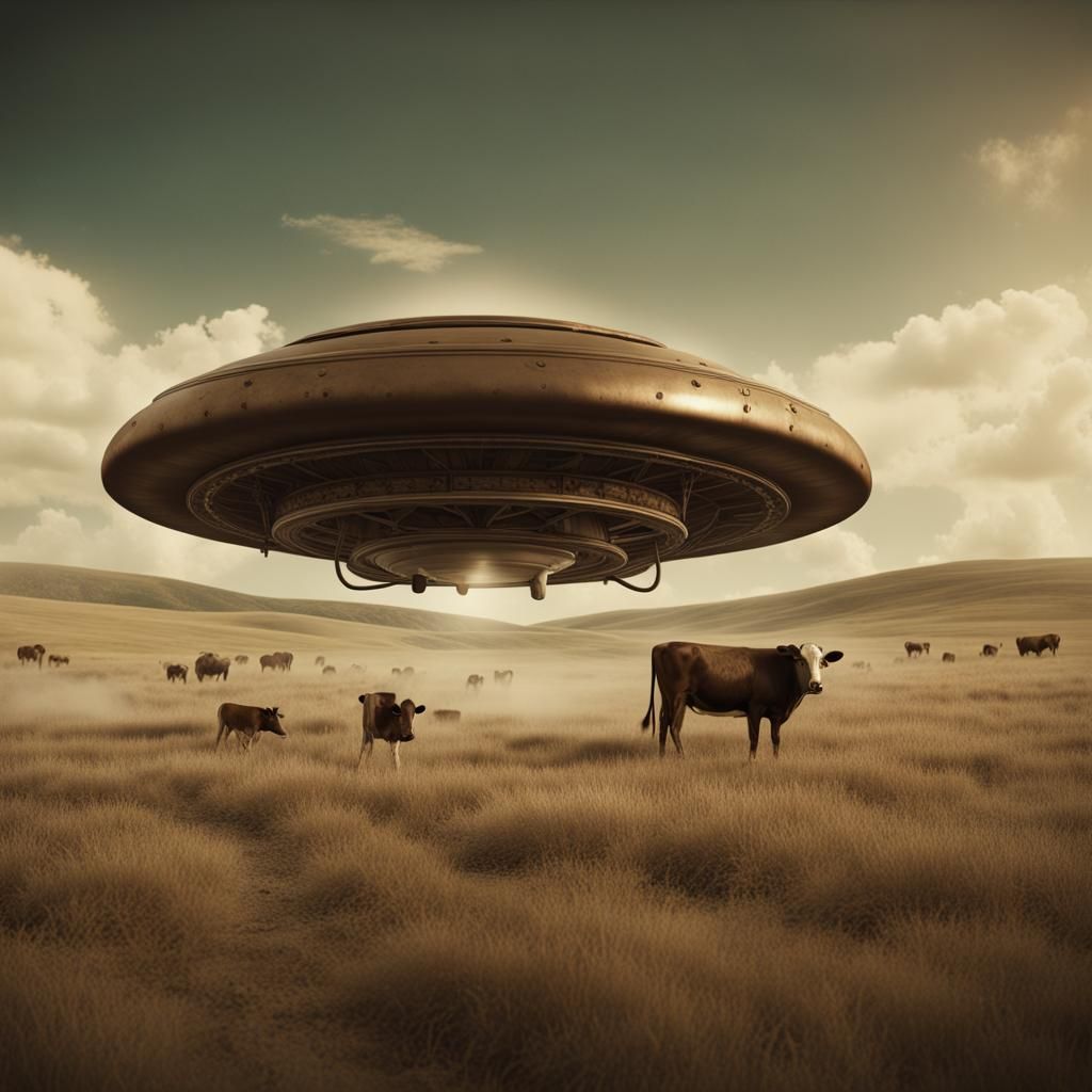 1800s UFO Abduction of Cow in Sepia Tone