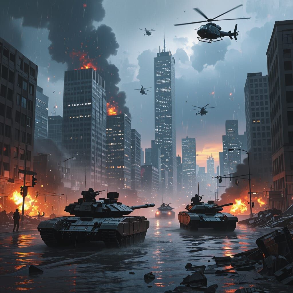 Futuristic Urban Battlefield with Crumbling Skyscrapers
