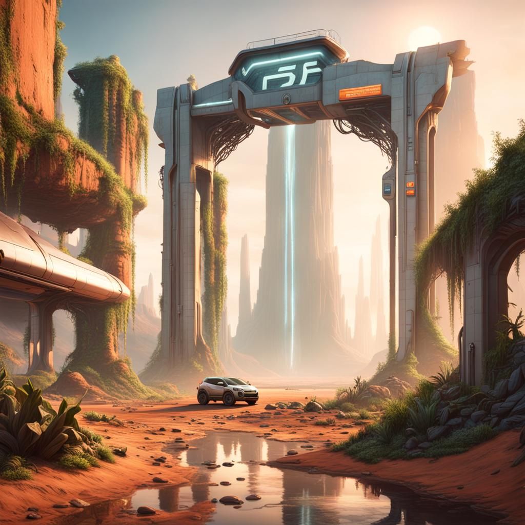 Futuristic Gas Station Entrance on Mars with Waterfall Sunri...