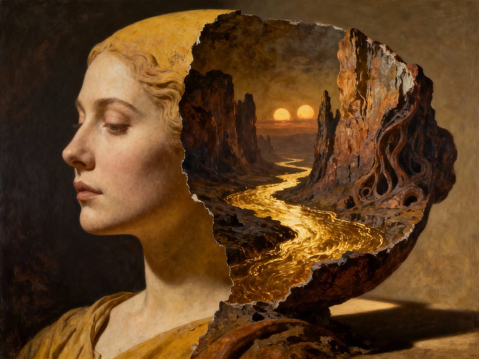 Surreal Portrait: Woman's Head Opens to Inner Dreamscape