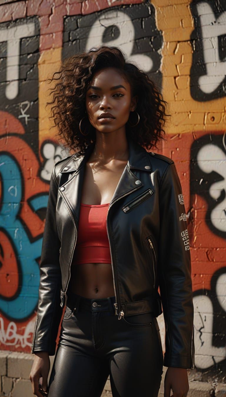 Fashion Model in Red Bikini and Leather Jacket