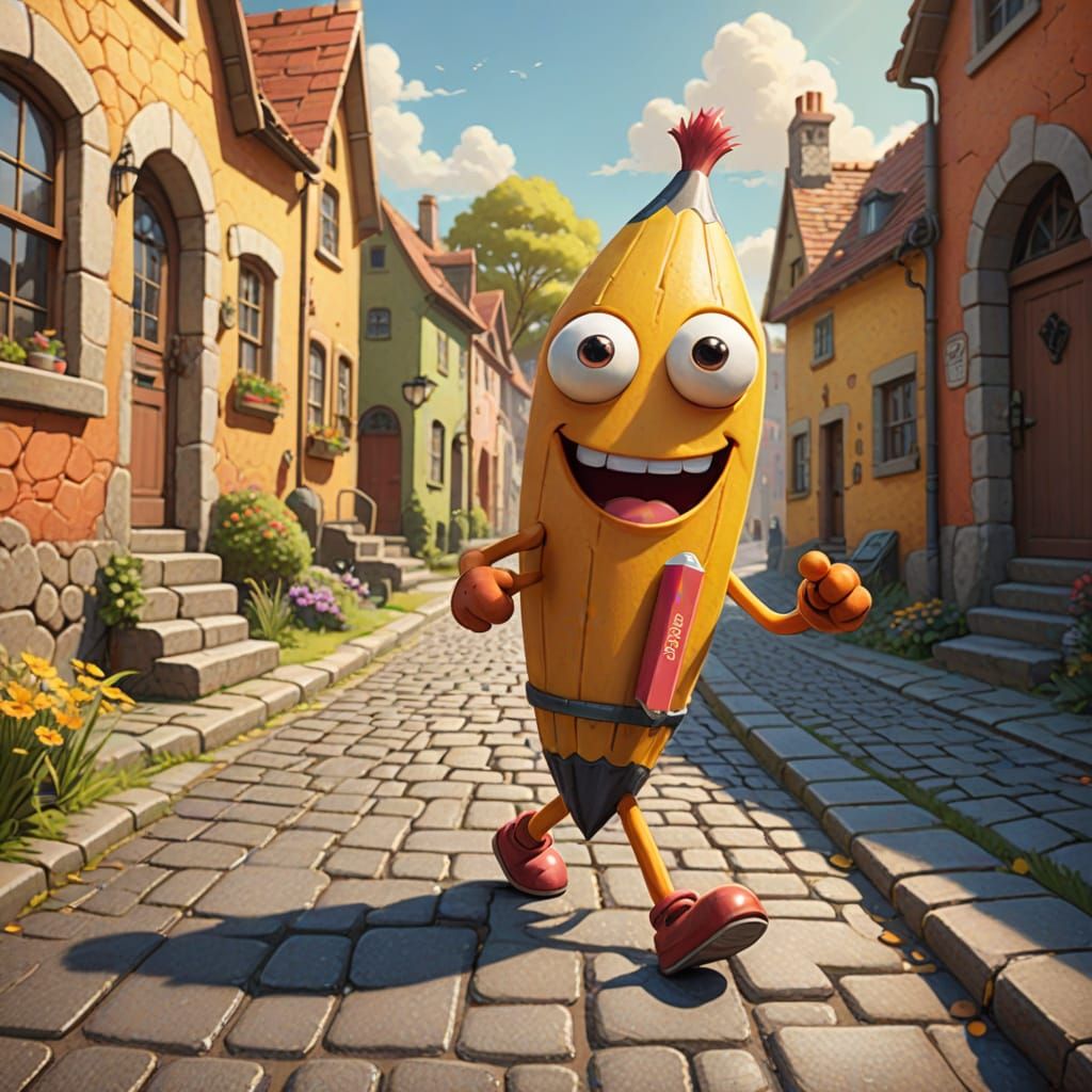 Whimsical Giant Pencil Character Walking on Cobblestone Path