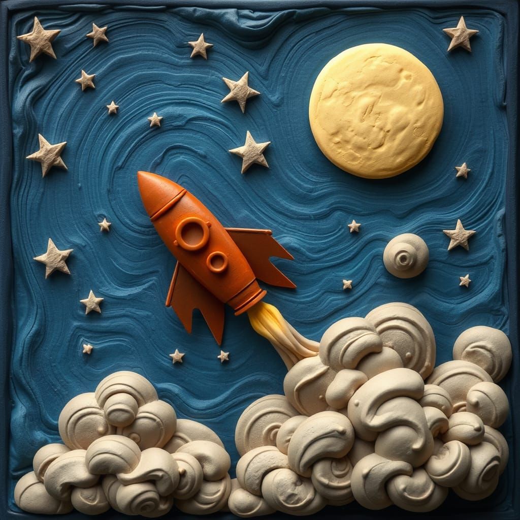 Claymation Rocket Soars Through Starry Clay Sky