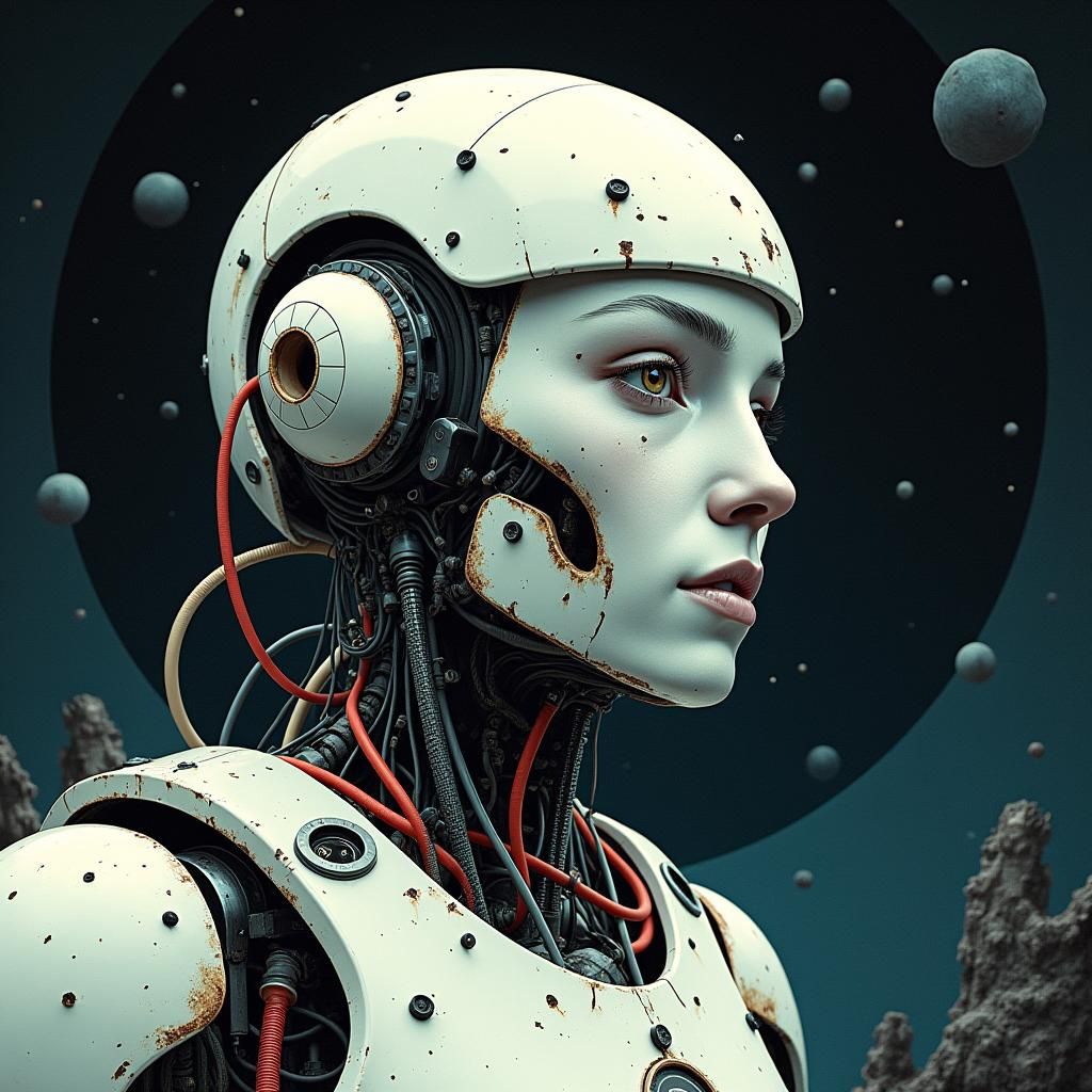 Porcelain Cyberpunk Cyborg in Surreal Galaxy