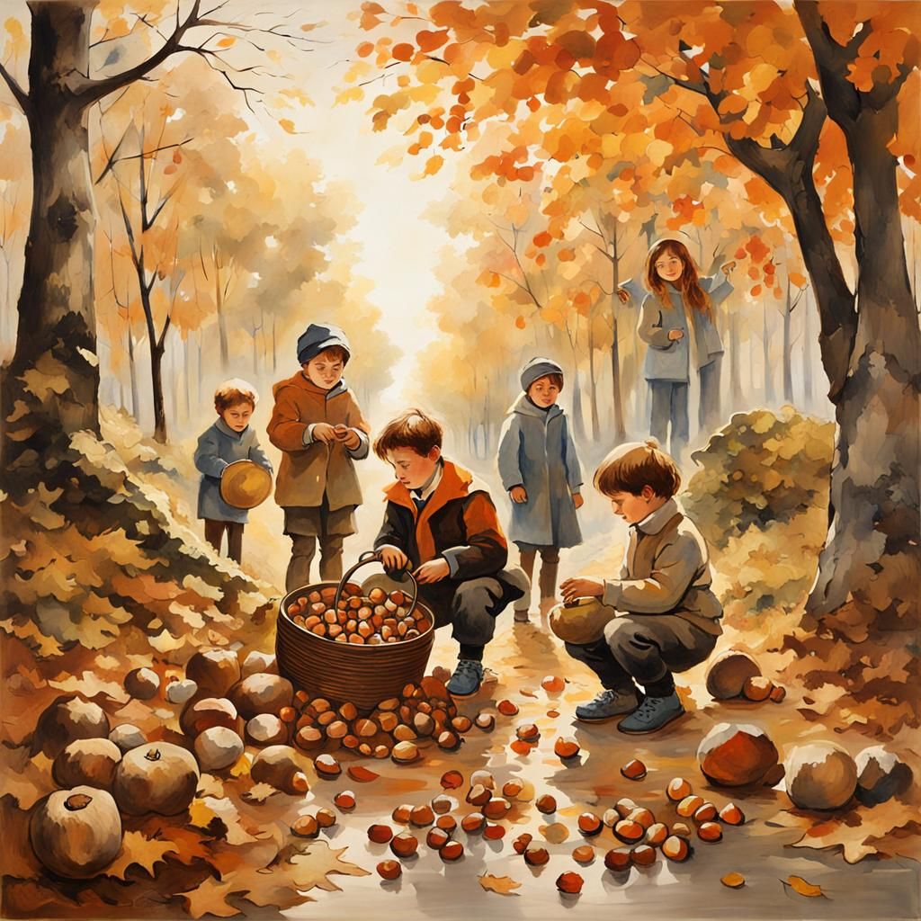 Children Collecting Chestnuts in Modern Acrylic Art
