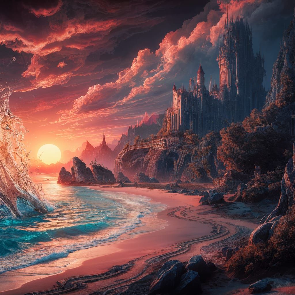 Fantasy Sunset Beach with Ancient Castle: Matte Painting