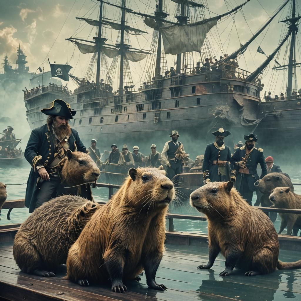 Pirate Capybara Commands Ironclad Ship