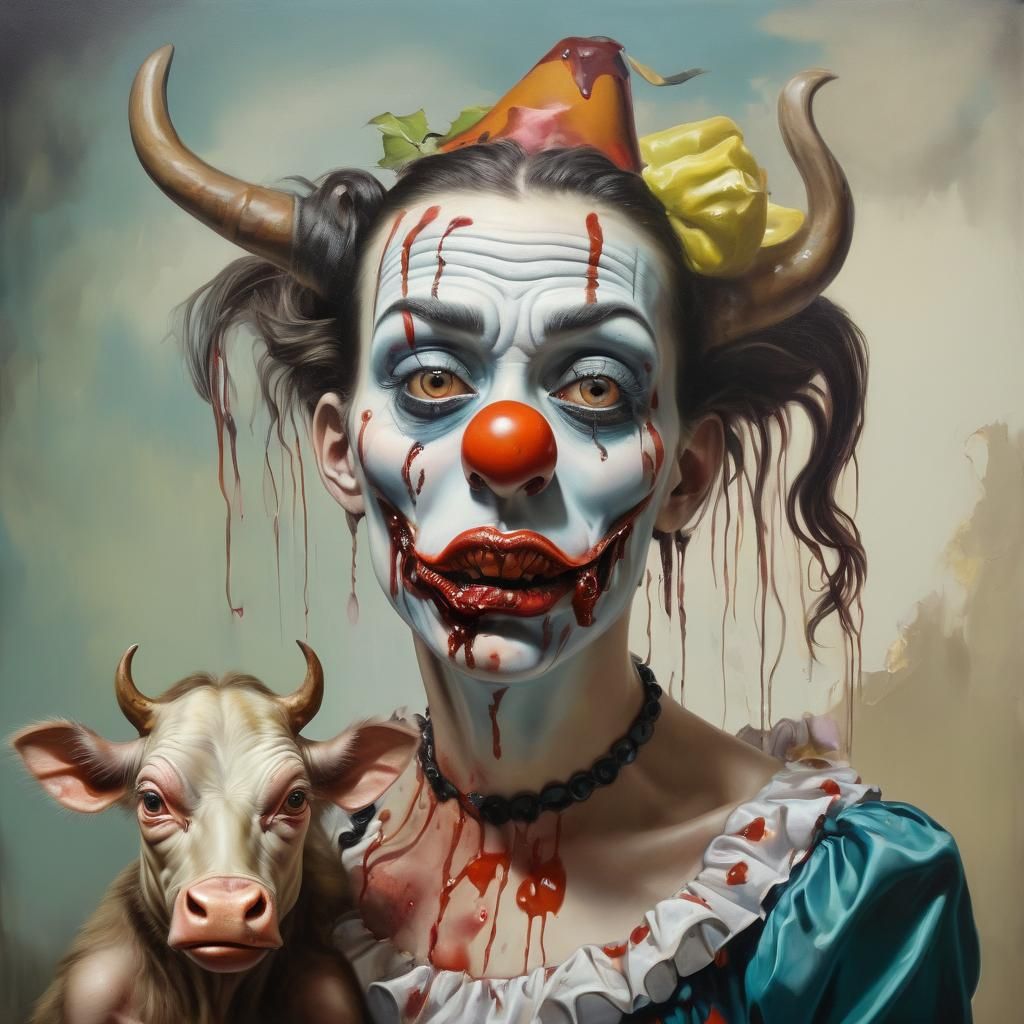Surreal Zombie Clown Girl and Cow Portrait