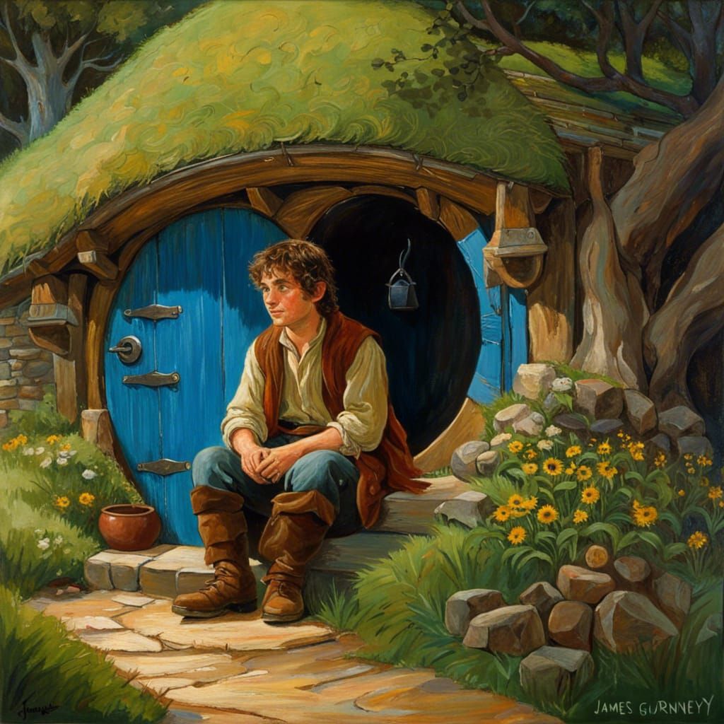 Frodo at Bag End: A Tranquil Hobbit Hole Scene