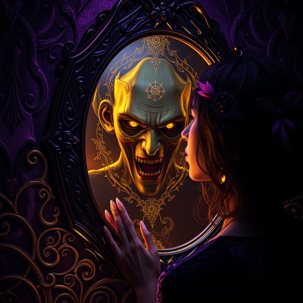 Ethereal Woman Faces Dark Magic in Mystical Black Mirror