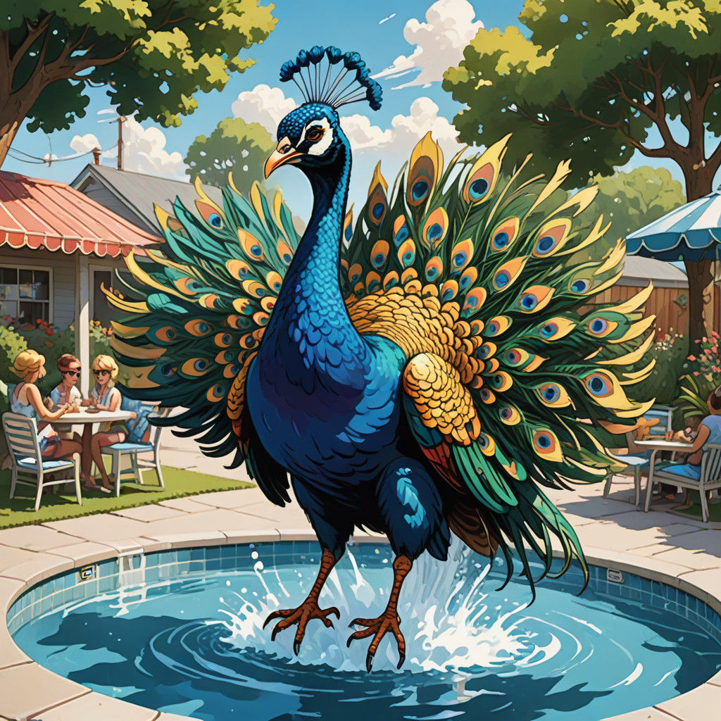 Vibrant Peacock Does Trampoline Jumps to Pool