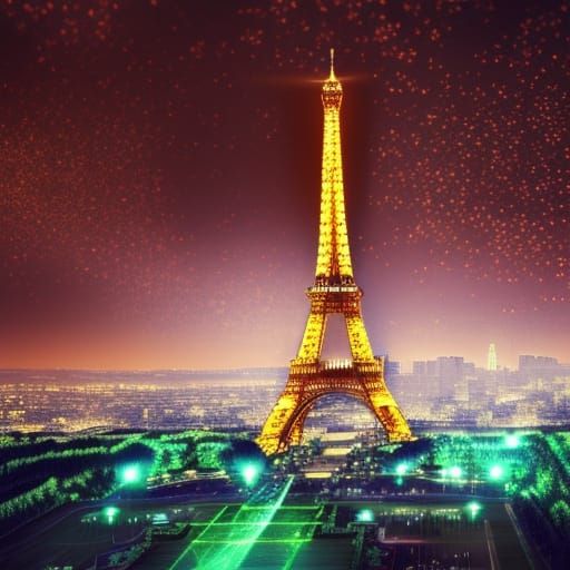 Eiffel Tower Lit at Night: Detailed Matte Painting