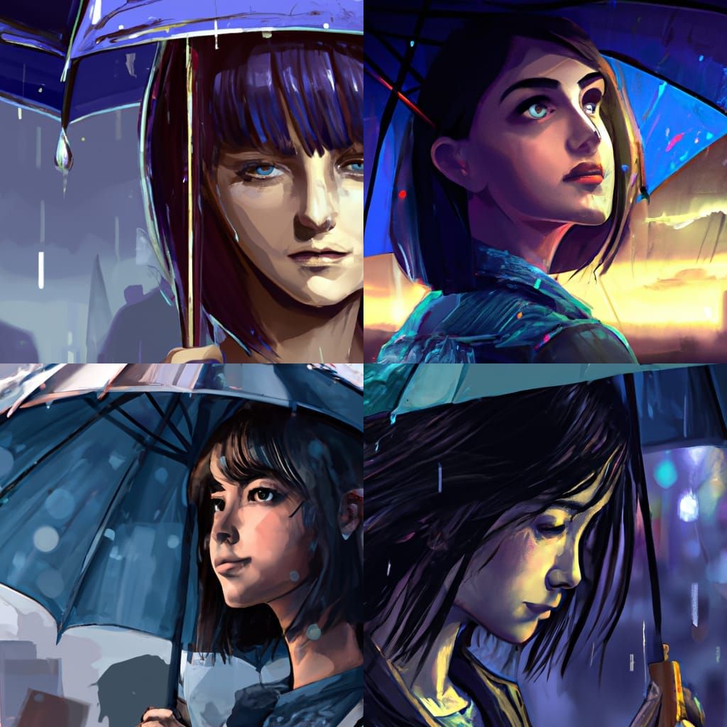 Sad Woman Walks in Rain: Hyperdetailed Portrait