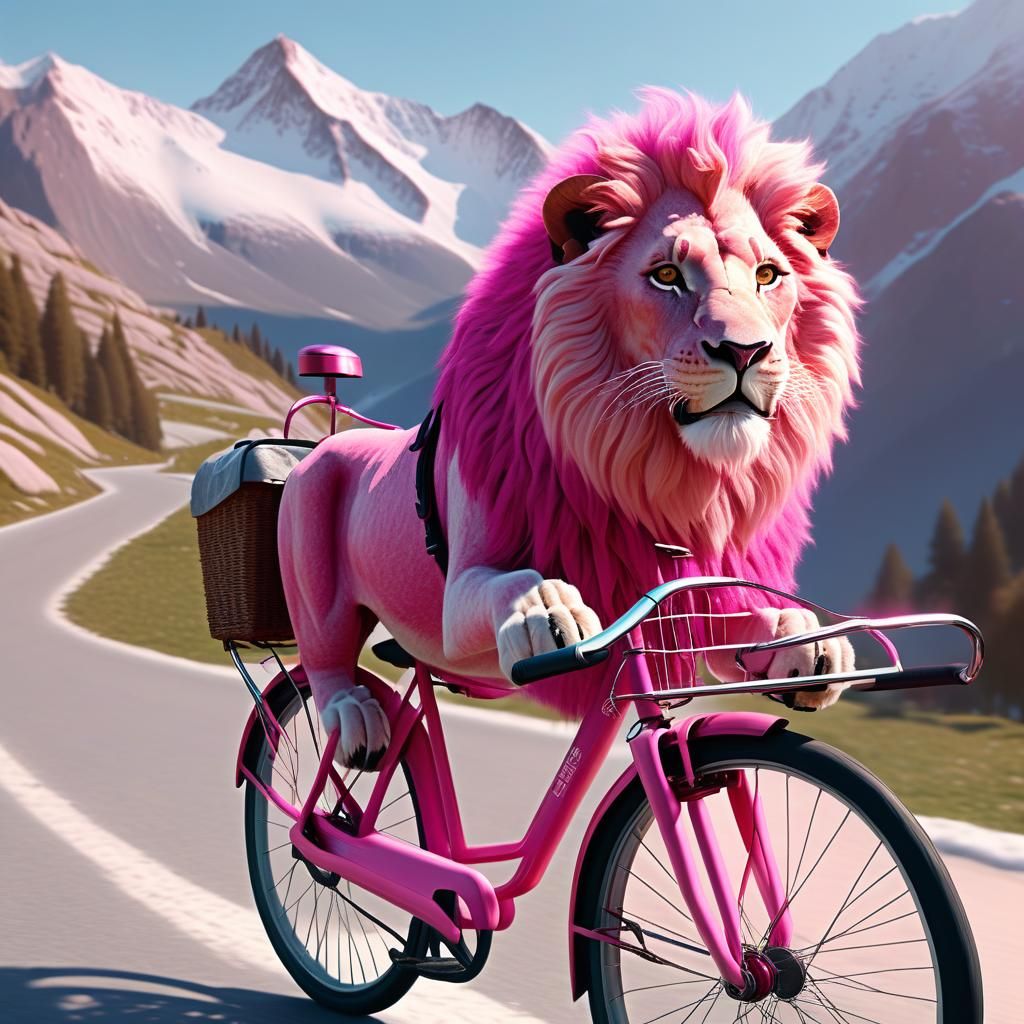 Pink Lion Rides Bicycle Through Pink Alpine Mountains