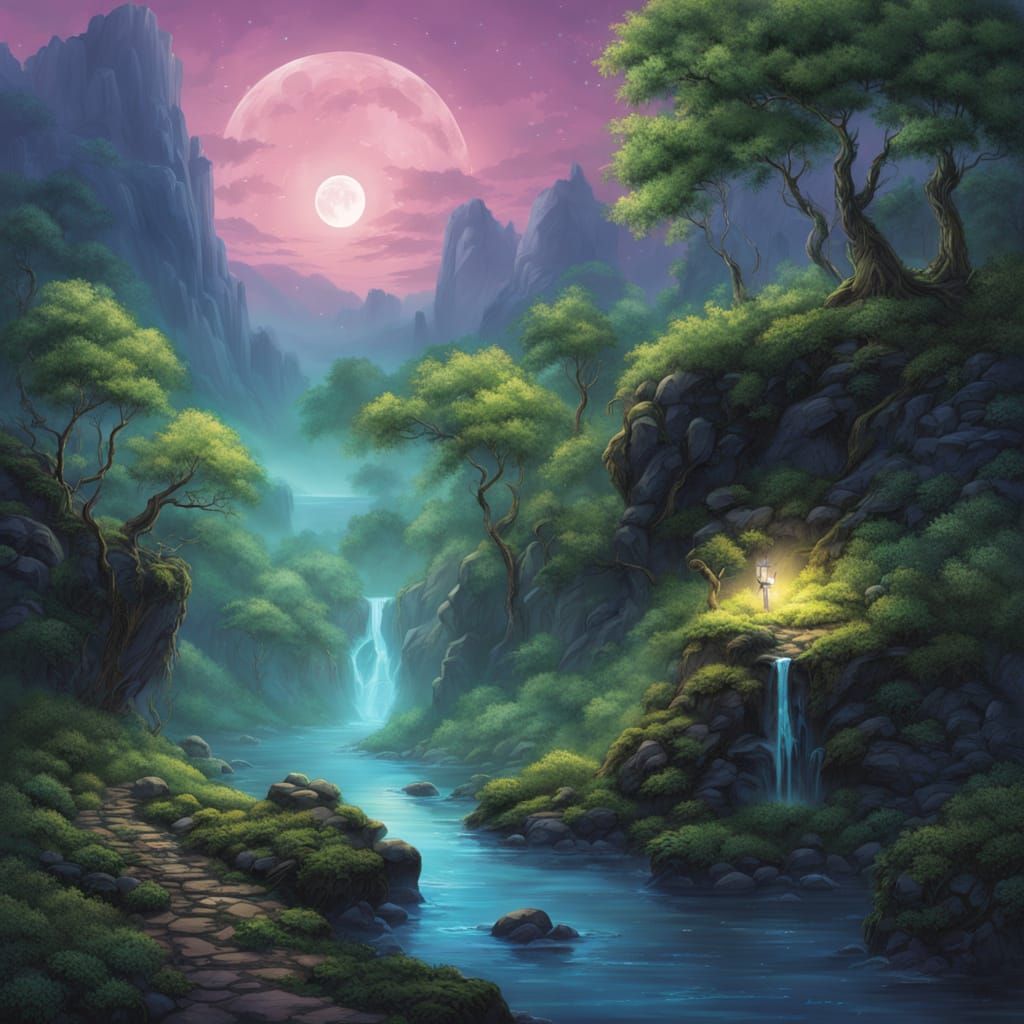 Dreamy Fantasy Landscape with Moonlit Waterfalls