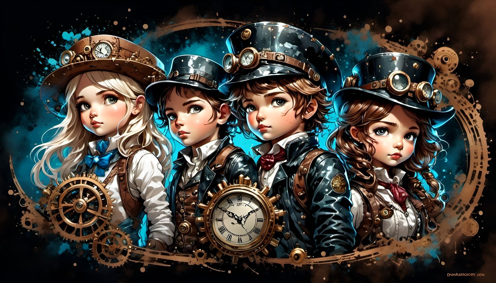 Steampunk Children Portrait with Ink Linework Ornament