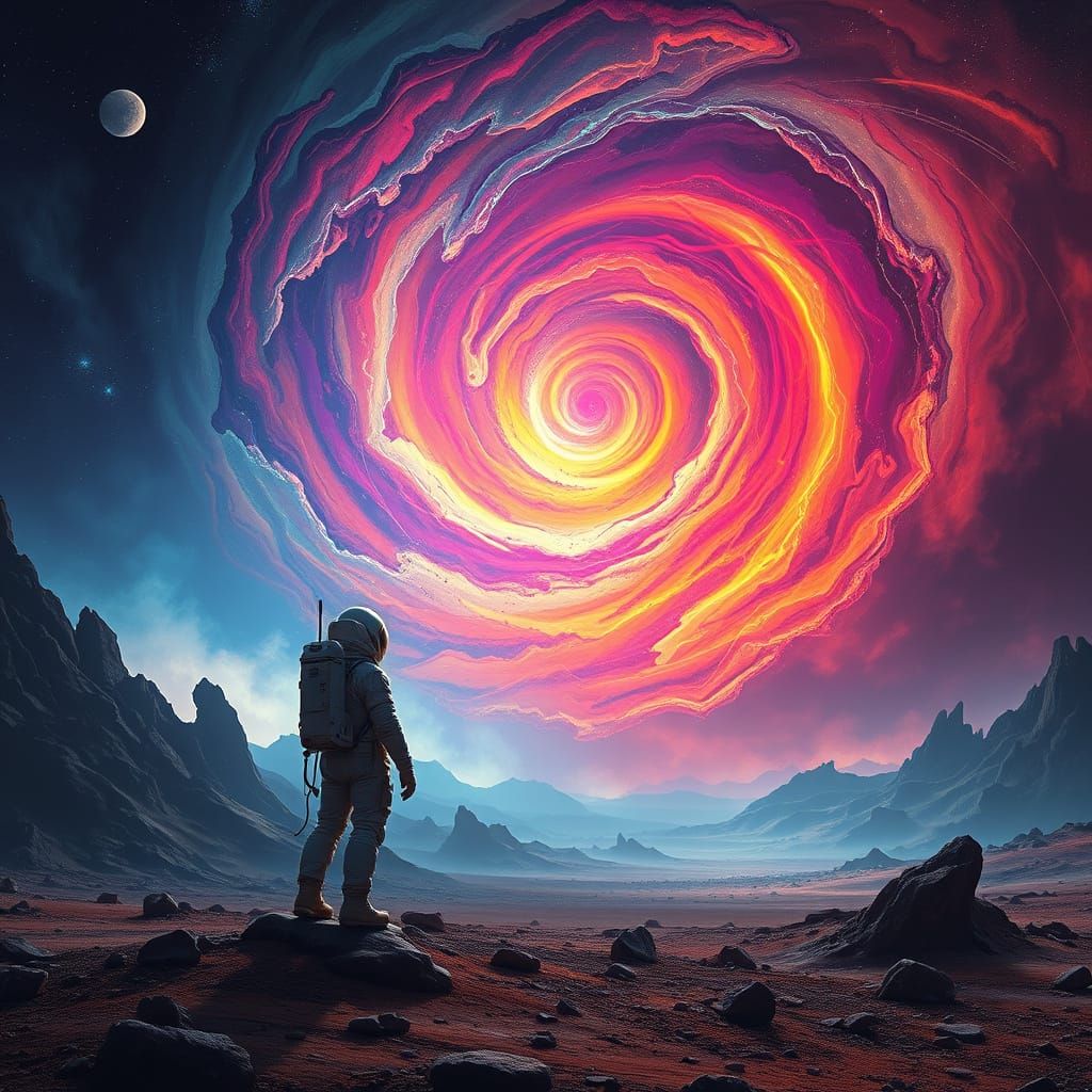 Astronaut Gazes at Vivid Cosmic Storm on Alien Planet