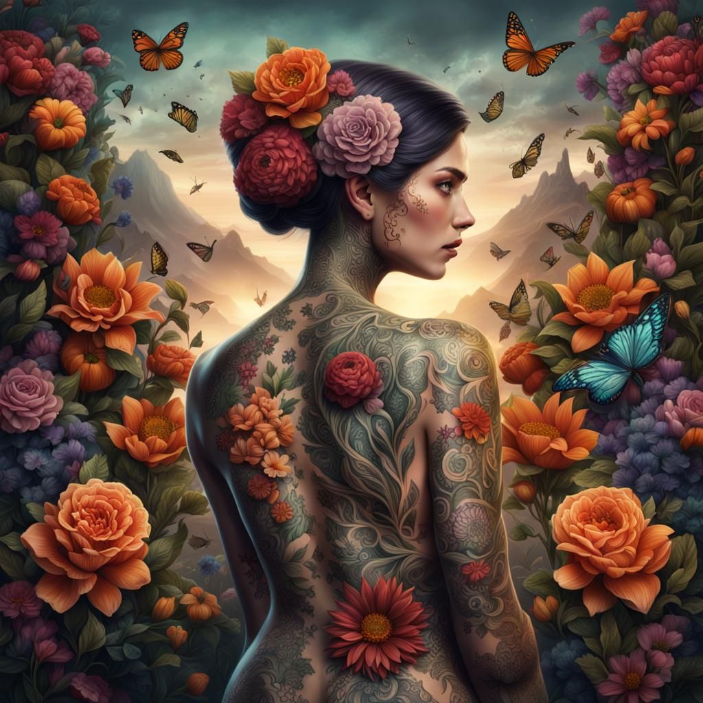 Tattooed Lady with Floral Designs: Detailed Matte Painting