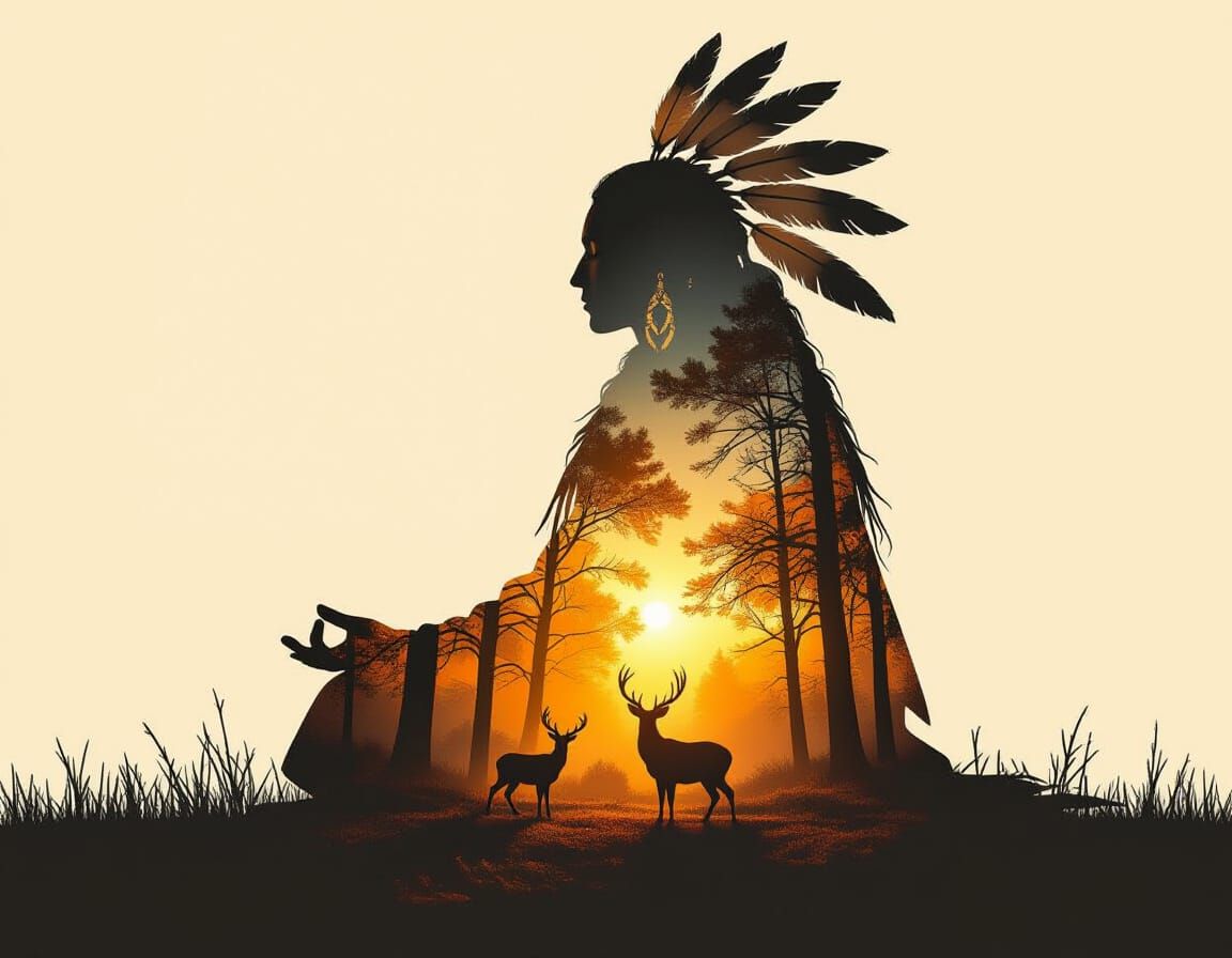 Native Spirit Guide Meditation in Autumn Forest Double Expos...