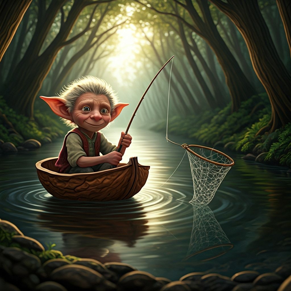 Hob Fishing in Walnut Shell Boat with Enchanted Web Net