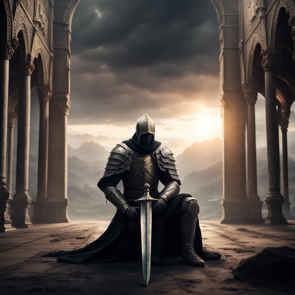 Kneeling templar knight with sword before him. heroic view