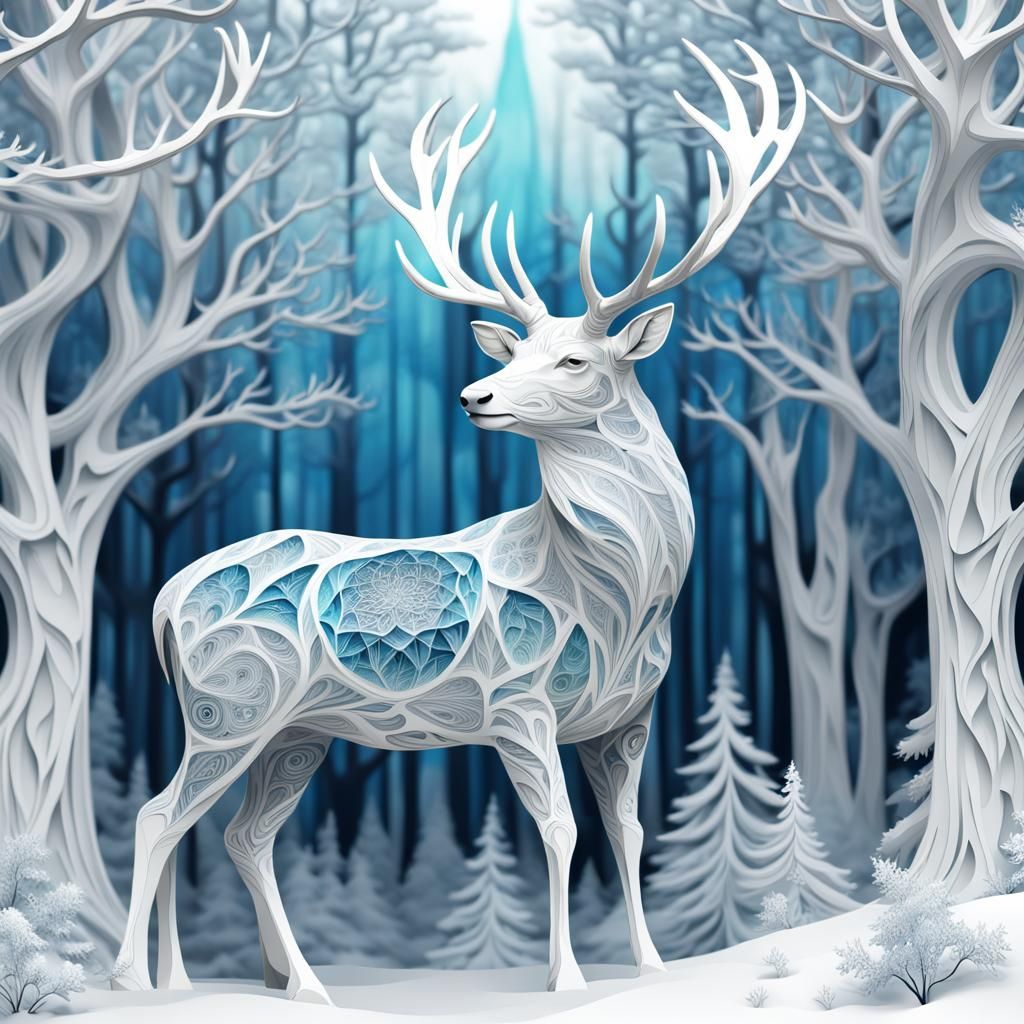 Majestic Stag in Snowy Forest: Abstract Digital Art