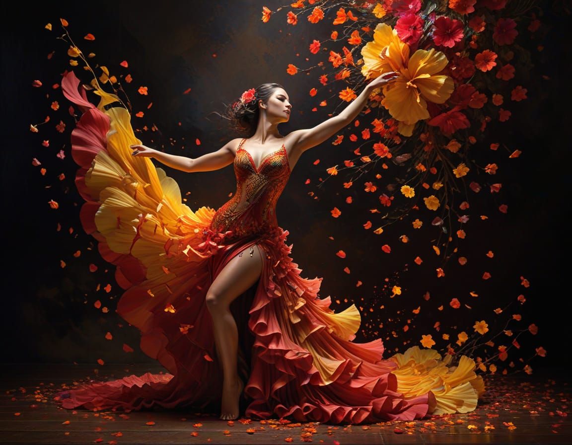 Ethereal Flamenco Dancer in Floral Embrace