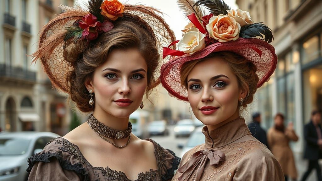 Belle Epoque Women Wearing Ornate Filigree Hats