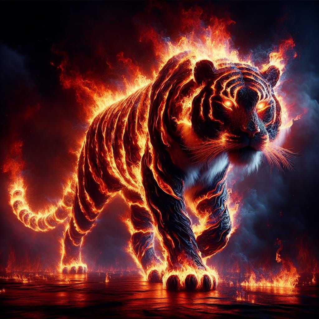 Grand Tiger Emerging from Fiery Vortex in Darkened Landscape