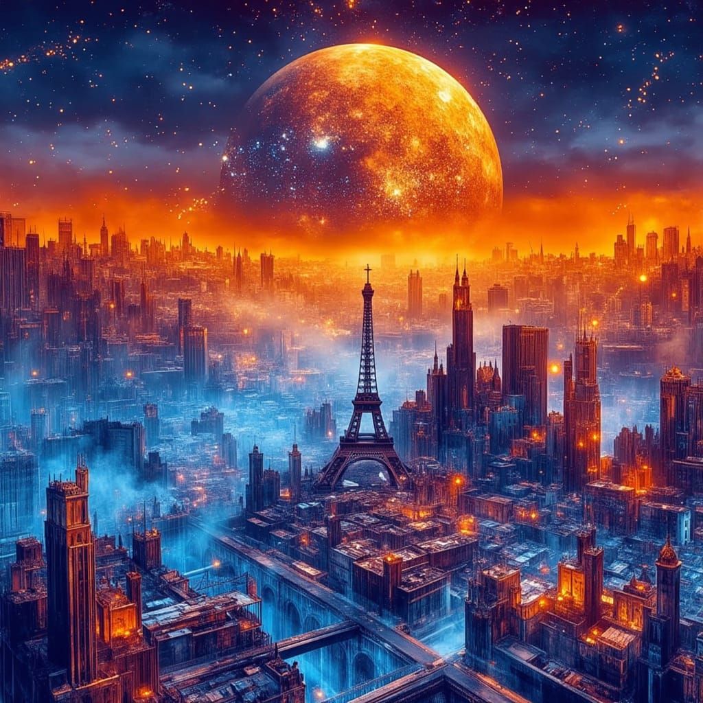 Dystopian Cityscape with Rainbow Sky in 3D Surrealist Style