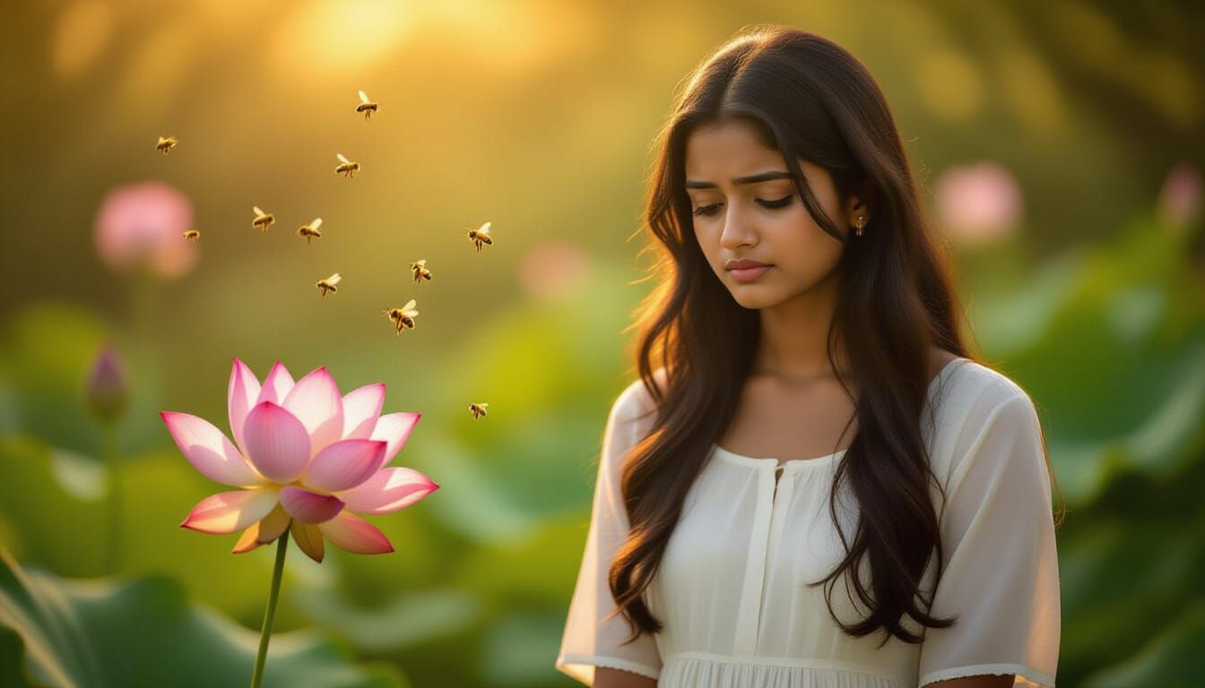 Melancholic Garden Scene: Woman Watches Bees Depart
