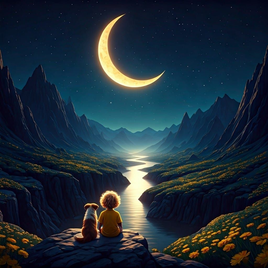 Whimsical Child and Dog Gaze at a Golden Crescent Moon