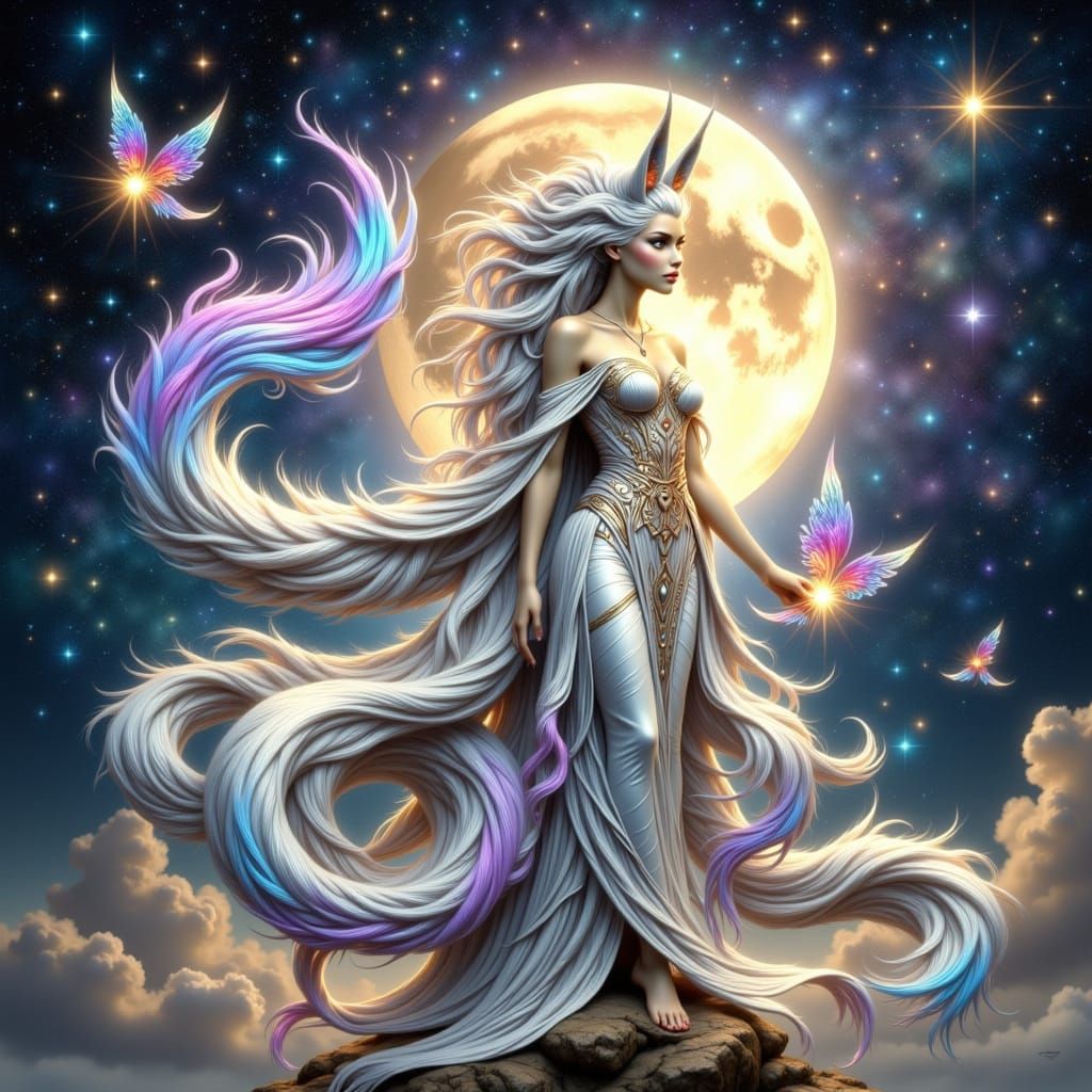 Celestial Kitsune Queen Under Lunar Glow