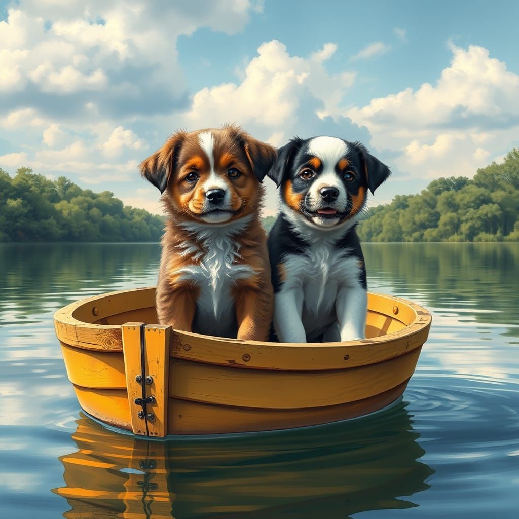 Adorable Puppies in Rustic Wooden Boat