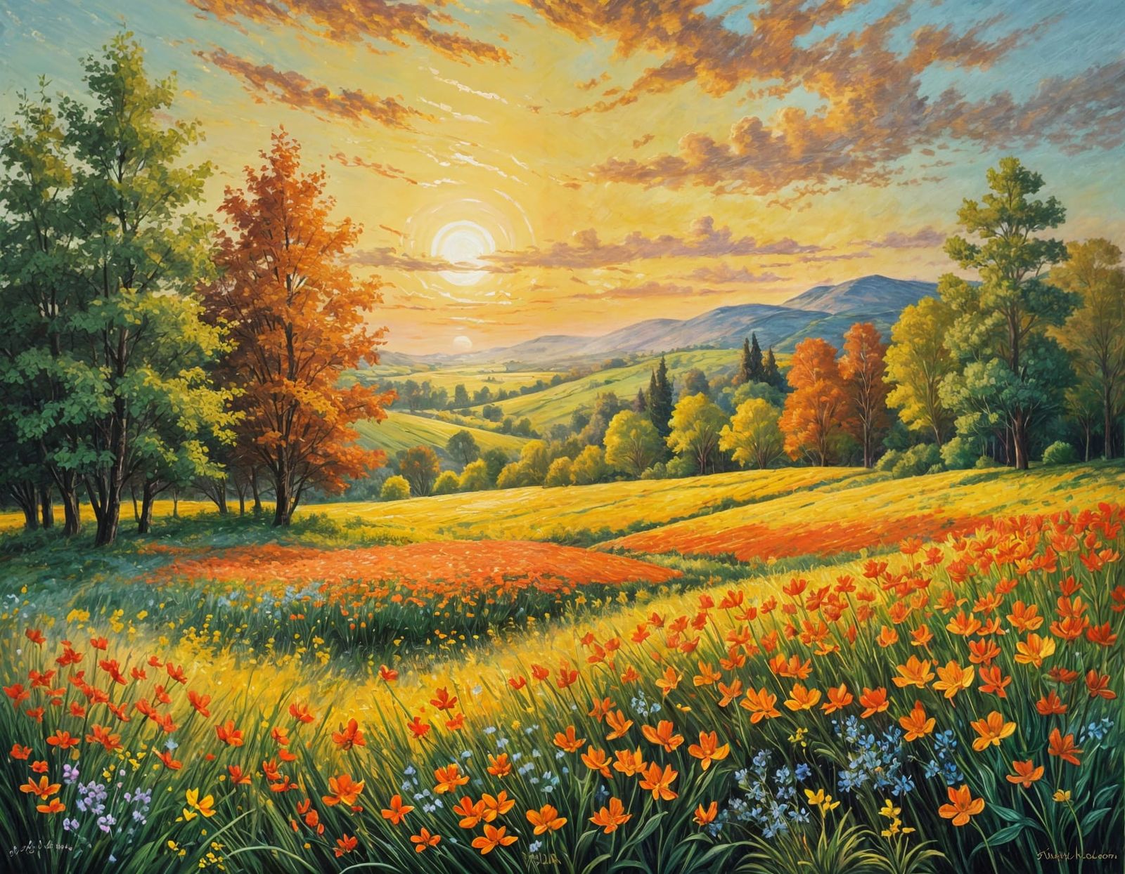 Vibrant Sunrise Landscape in Post-Impressionist Style