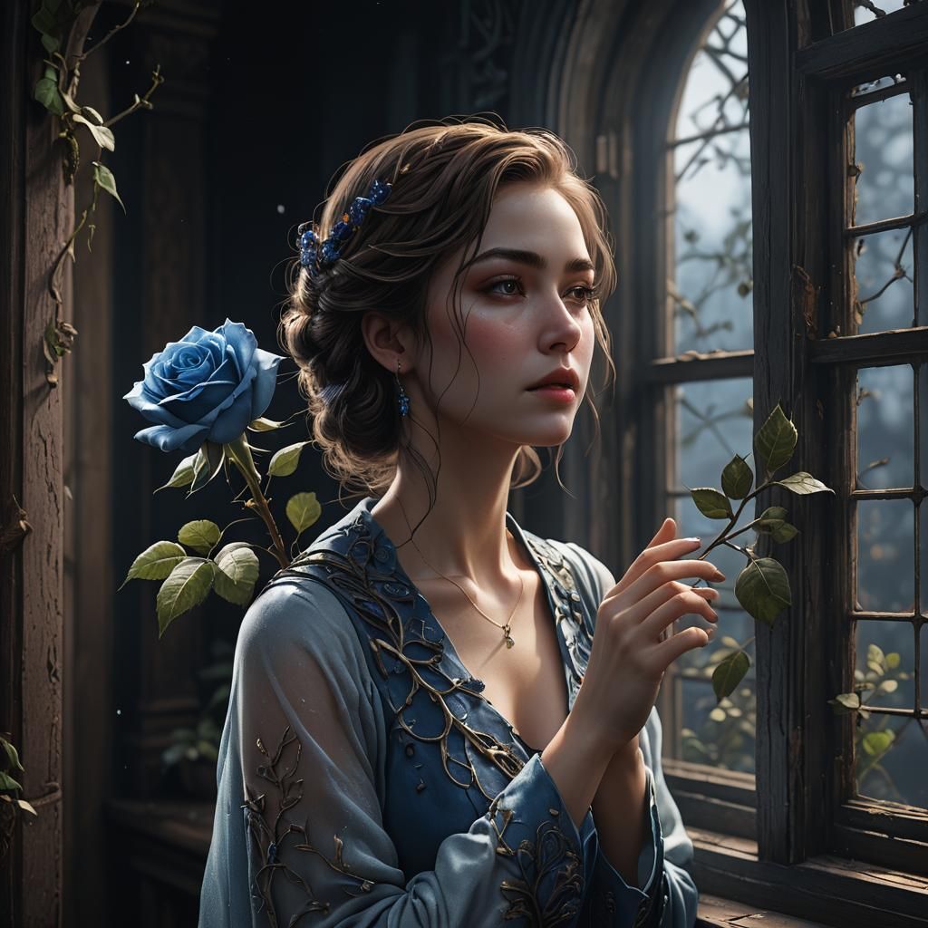Girl Inhales Scent of Blue Rose, Photorealistic