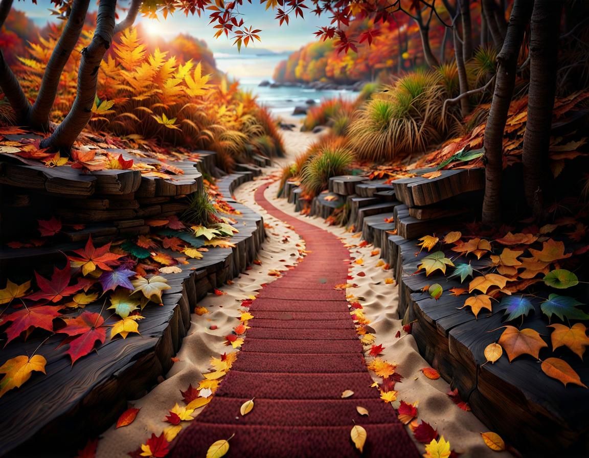 Autumn Beach Path in Dark Fantasy Style
