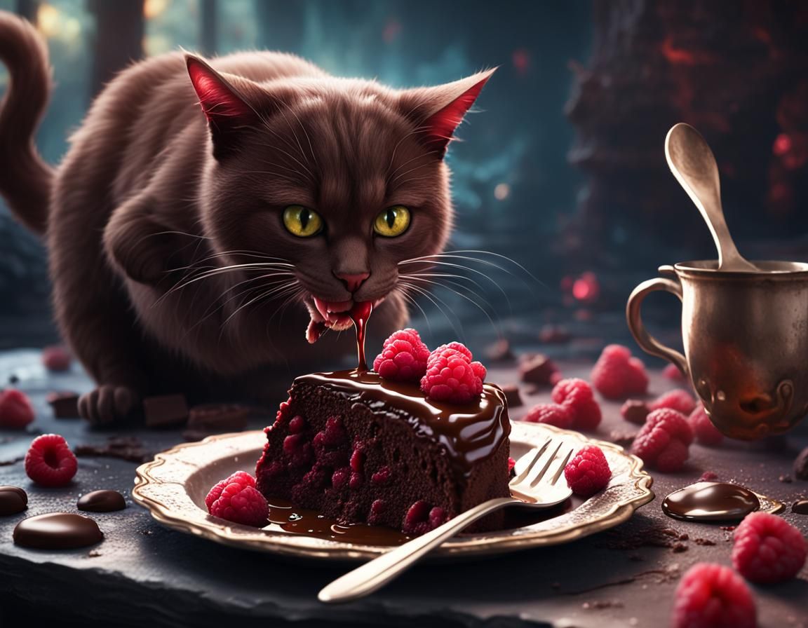 Realistic Cat Enjoys Chocolate Cake, Matte Painting