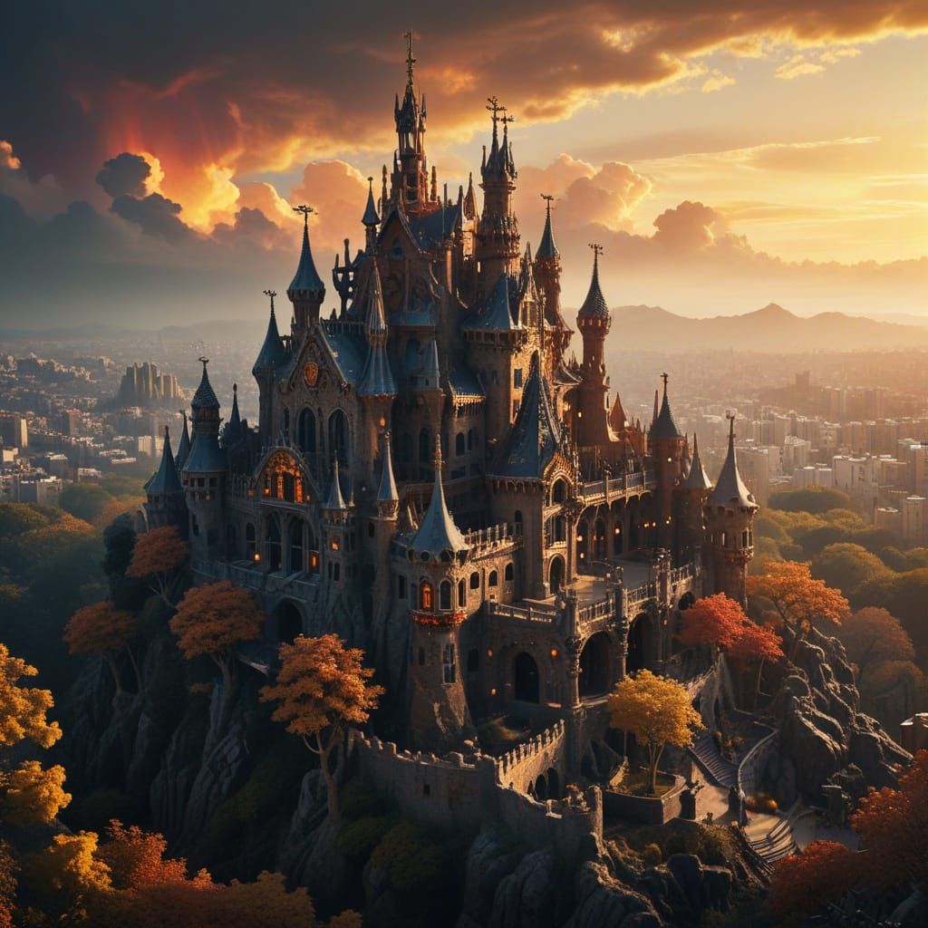 Surreal Gaudi-Inspired Black Stone Castle in Autumn Light