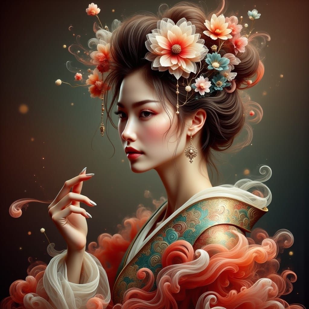 Geisha in Kimono: Hyperrealistic Splash Art Portrait